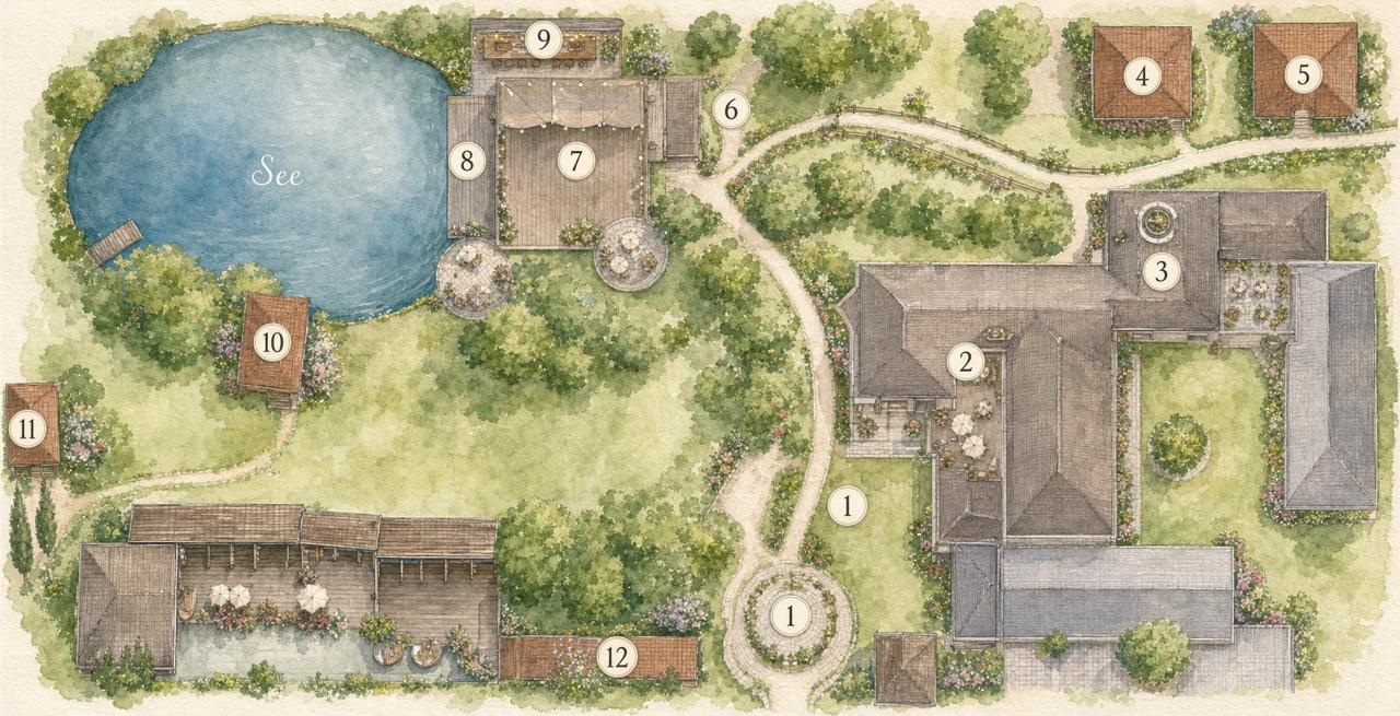 Aquarellierter Lageplan des Landgut Seebühne mit See, Landhaus, Seeterrasse und Gästehäusern