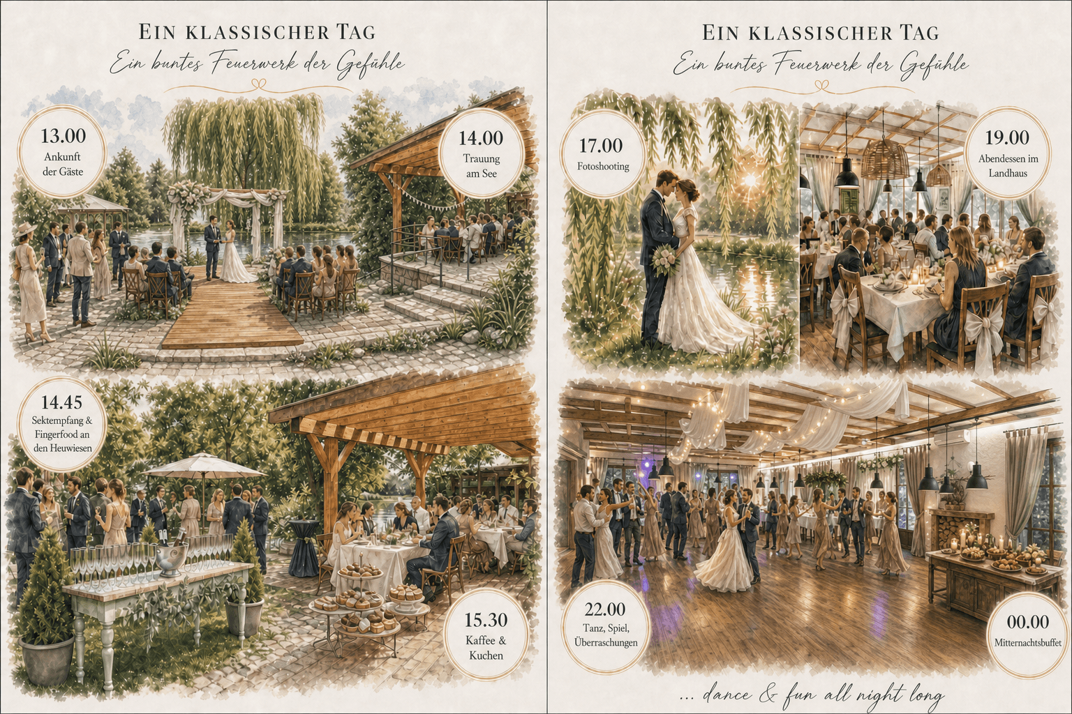 Aquarellierte Bildreise durch einen Hochzeitstag mit Ankunft, Trauung am See, Sektempfang, Kaffee und Kuchen, Fotoshooting, Abendessen, Tanz und Mitternachtsbuffet