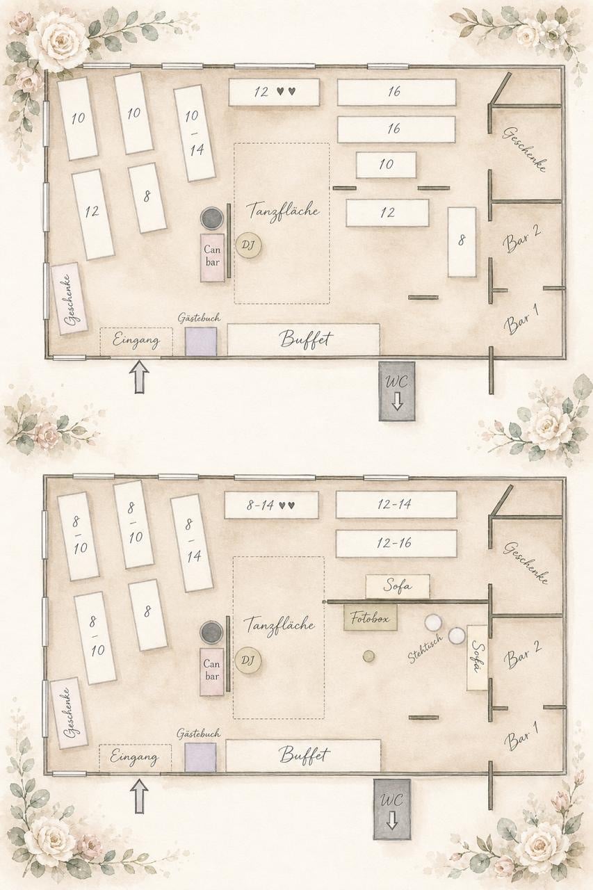Zwei aquarellierte Tischplanvarianten für das Landhaus mit Tafeln, Tanzfläche, Buffet, Bars und Nebenräumen